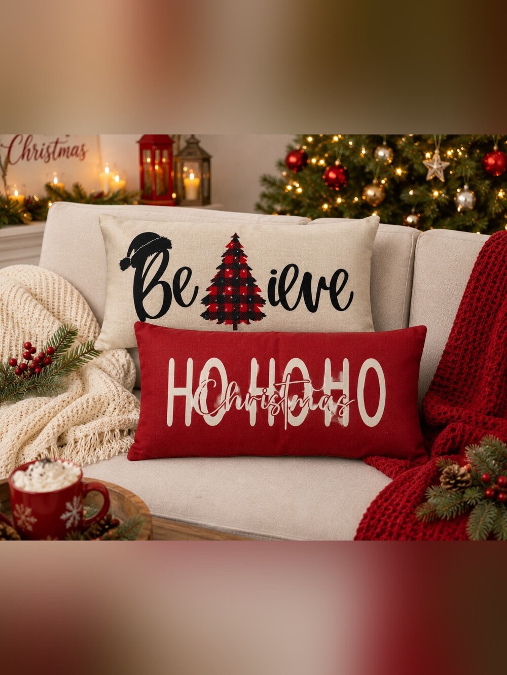 2 Pack Christmas Pillow Covers 12x20 Buffalo Plaid Believe‎ & HoHoHo Farmhouse